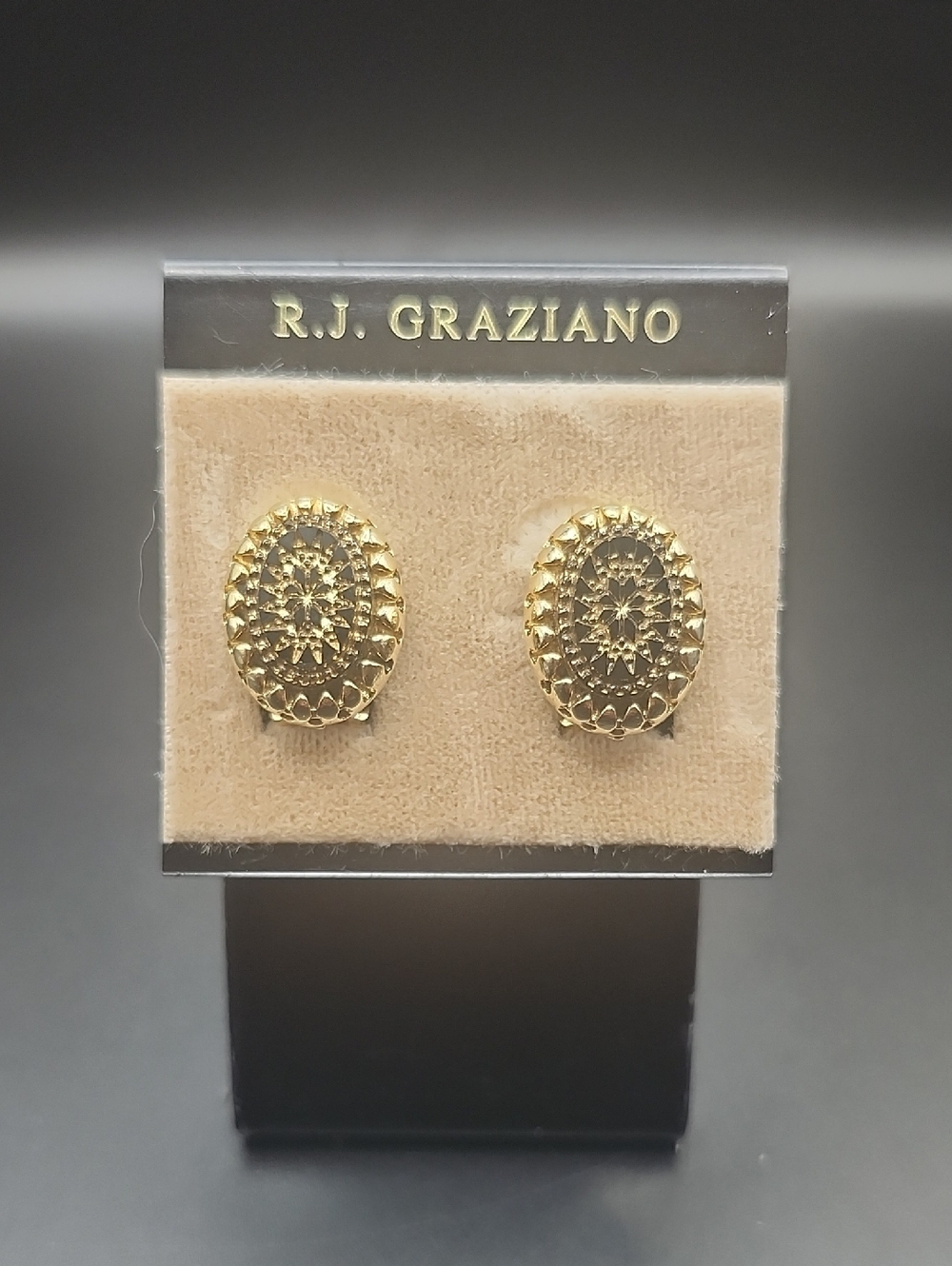 VTG R.J. Graziano Gold Sunburst Clip On Earrings Oval Filigree New On Card NOS.